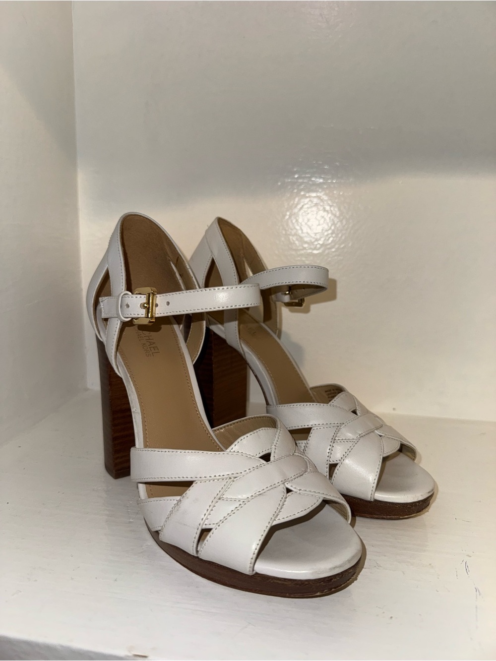 Michael Kors Annaliese White Leather Platform Block Heel Sandals Brown Heel 6M